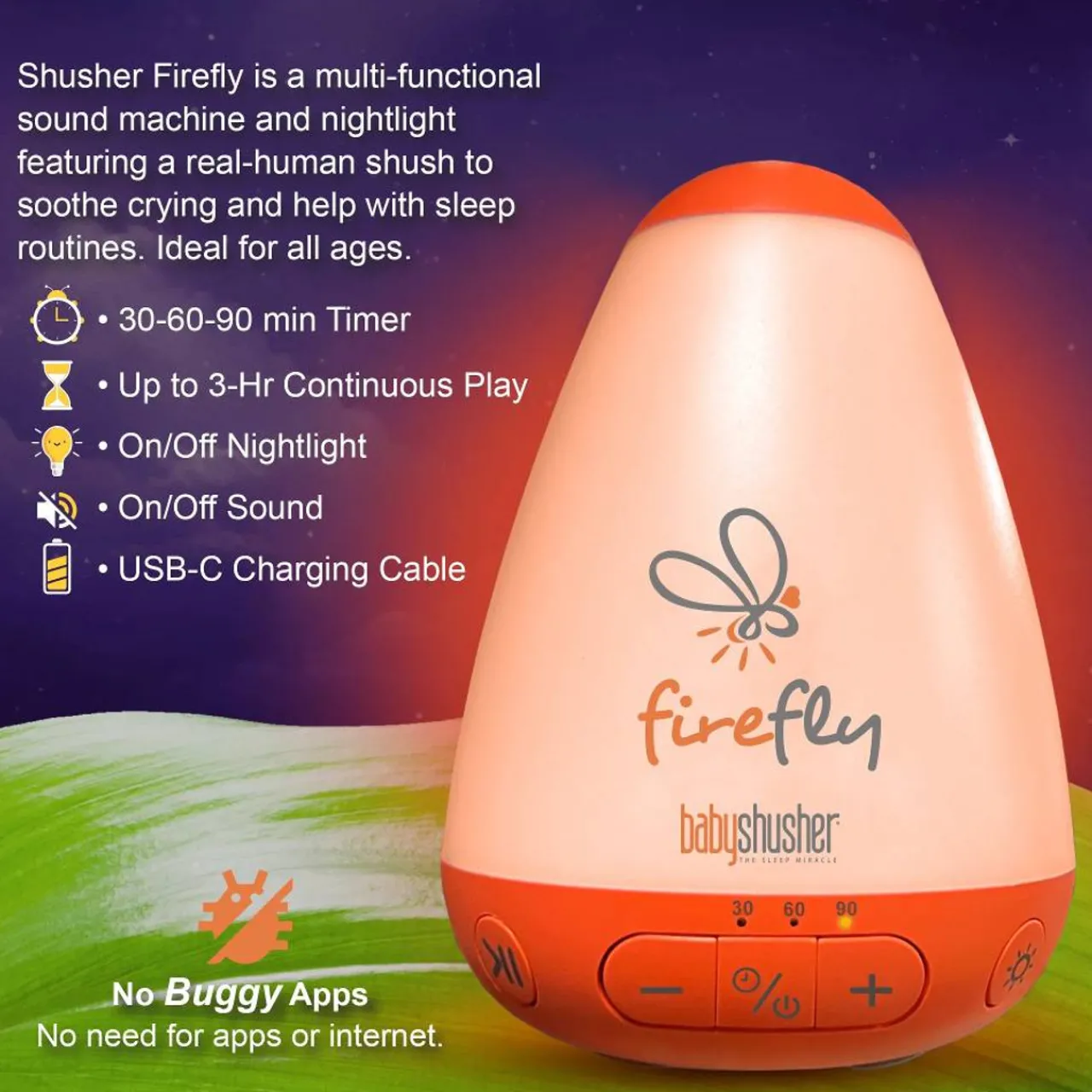 Night Lights|White Noise*Baby Shusher Shusher Firefly by - Rechargeable Baby Sleep Soother / Portable Sound Machine
