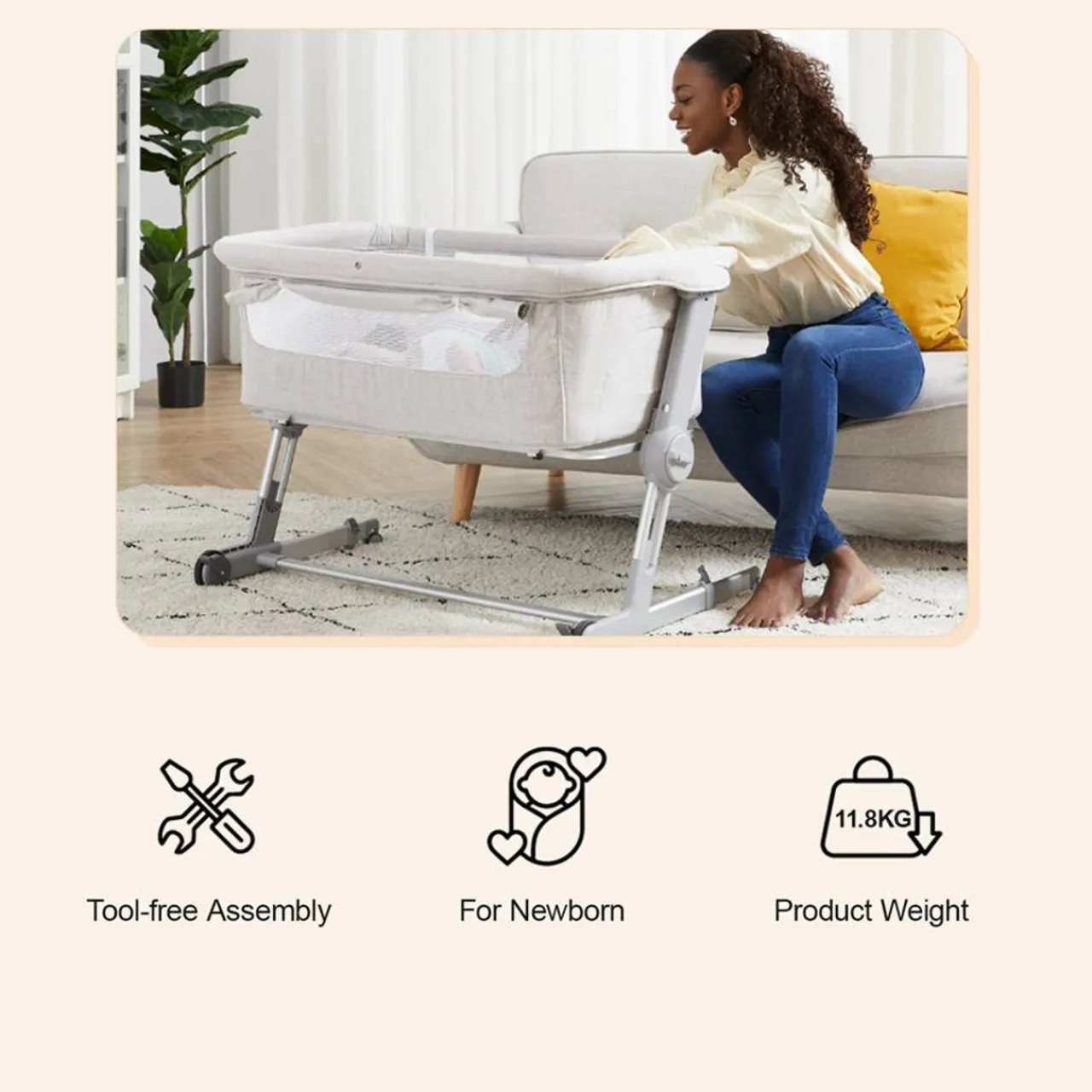 Travel Cots & Beds|Bassinets & Co-Sleepers*Unilove Hug Me Plus 3-in-1 Bedside Bassinet with Mosquito Net Shadow Grey