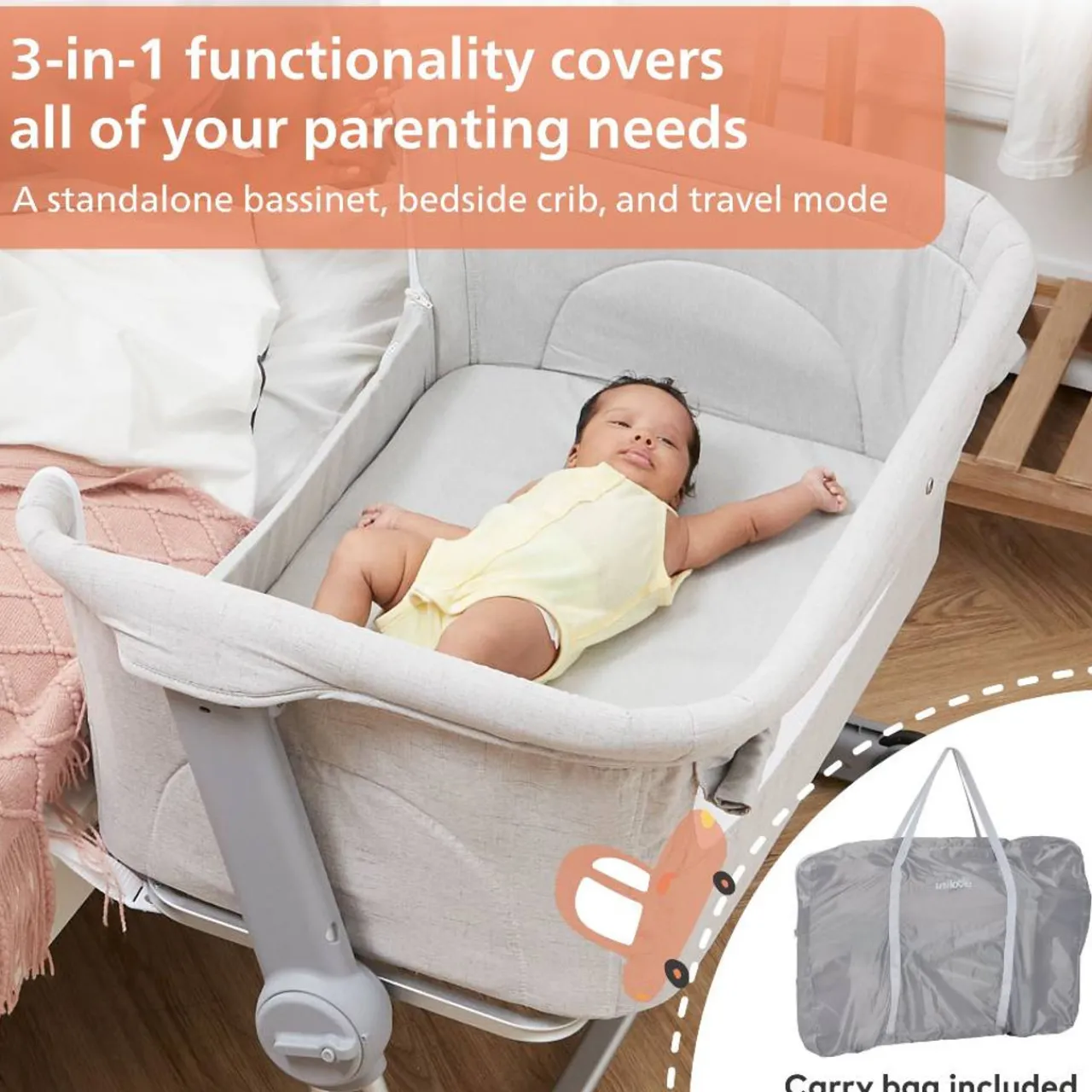 Travel Cots & Beds|Bassinets & Co-Sleepers*Unilove Hug Me Plus 3-in-1 Bedside Bassinet with Mosquito Net Shadow Grey