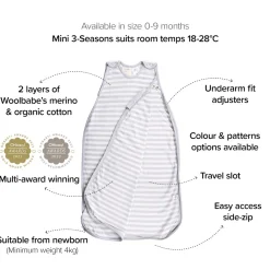 Mid Season Sleeping Bags*Woolbabe Mini 3-Seasons Side Zip - 0-9 months